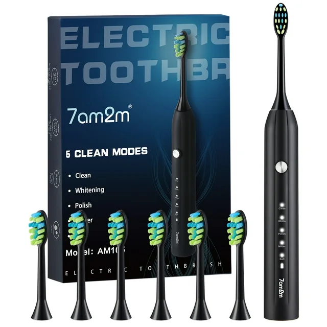 7AM2M Sonic Electric Toothbrush for Adults and Kids, One Charge for 90 Days, with 6 Brush Heads, 5 Modes with 2 Minutes Build in Smart Timer, Roman Column Handle Design(Black)