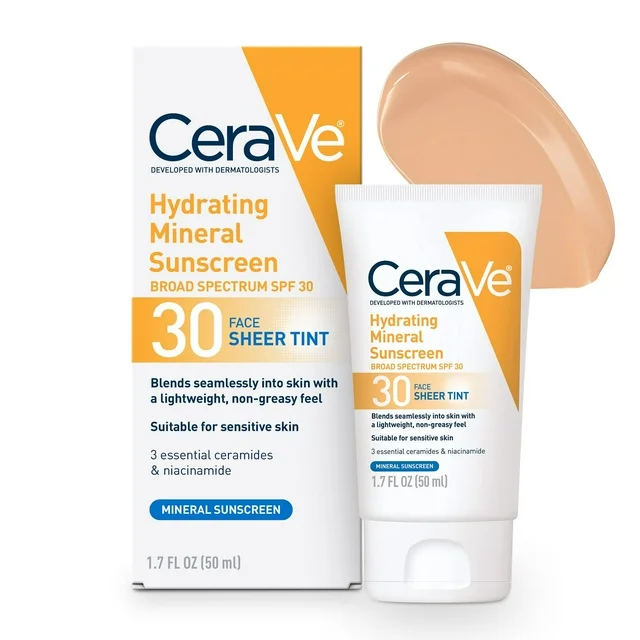 CeraVe Hydrating Mineral Sunscreen, Sheer Tint Facial SPF 30, 1.7 fl oz