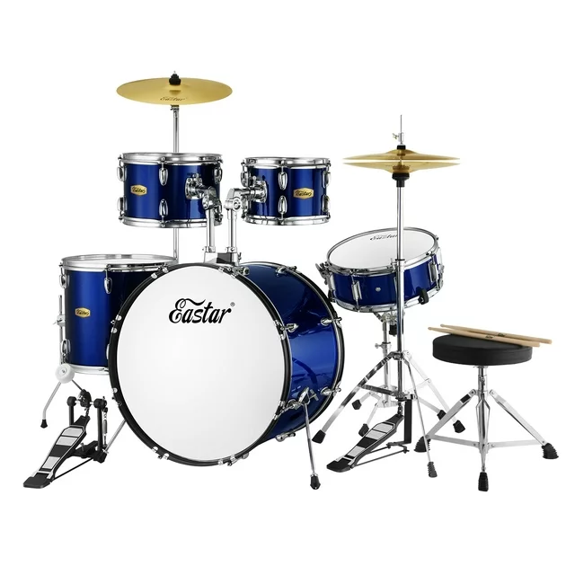 Eastar 22 Inch 5Pcs Adult Size Drum Set for Beginner Starter Complete Percussion Instrument with Throne, Pedal, Drumsticks, Metallic Blue