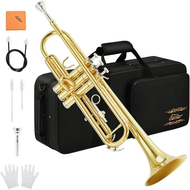 Eastar Trumpet Set for Students Beginner Bb Standard Brass Instrument School Band Gold, with Case