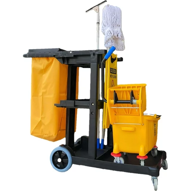 Simpli-Magic Janitorial Cart Commercial Grade Cleaning Cart Rolling Utility Cart, Black