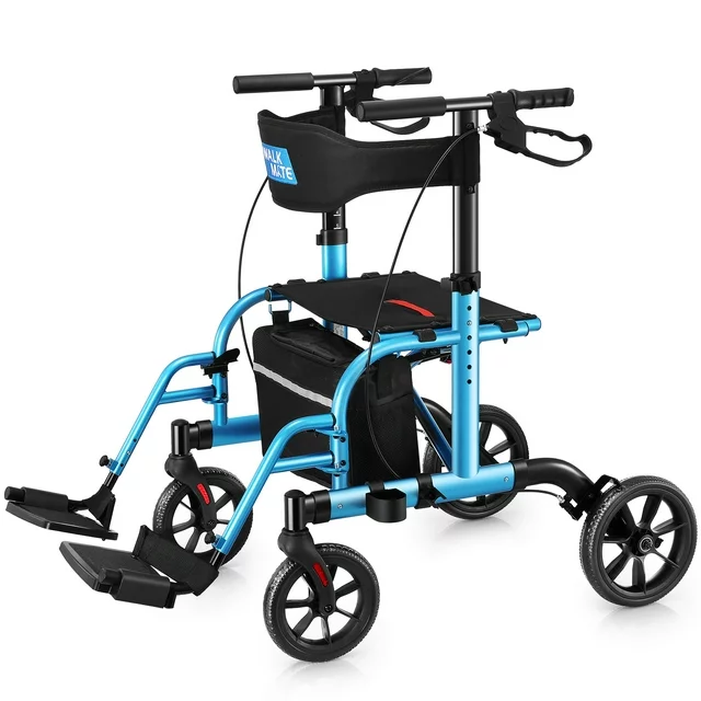 WalkMate 2 in 1 Rollator Walker Transport Chair for Seniors, 10'' Wheels Medical Rollator for Seniors with Paded Seat Backrest, Adjustable Handle and Detachable Footrests, Blue